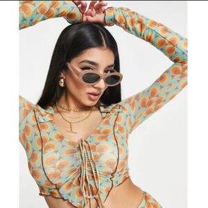 Bailey Rose Ruched Mesh Front Top With Asymmetric Hem Sz L 70s Blouse